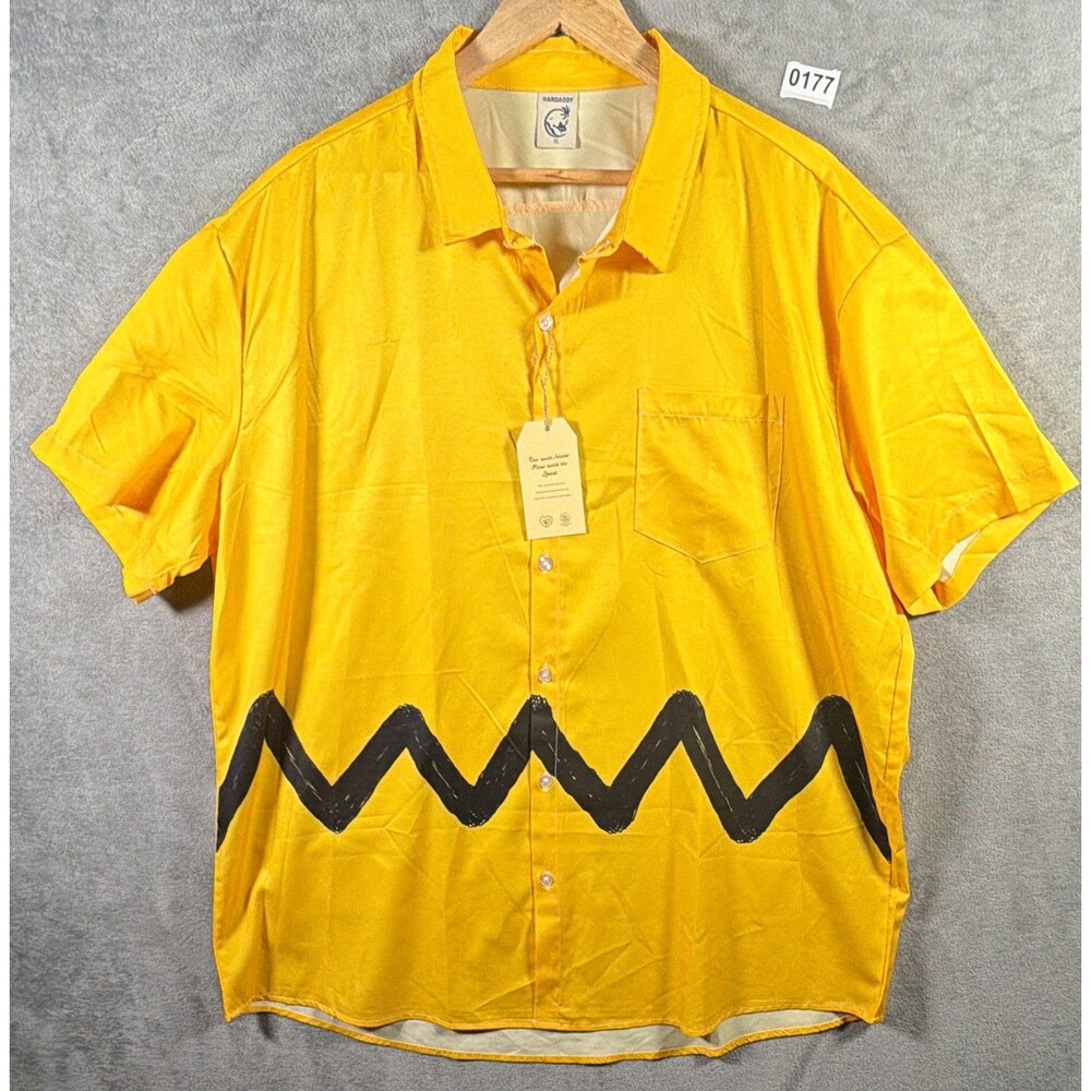 HARDADDY Men's XL Yellow Black Short Sleeve Button-Up Graphic Print Pockets